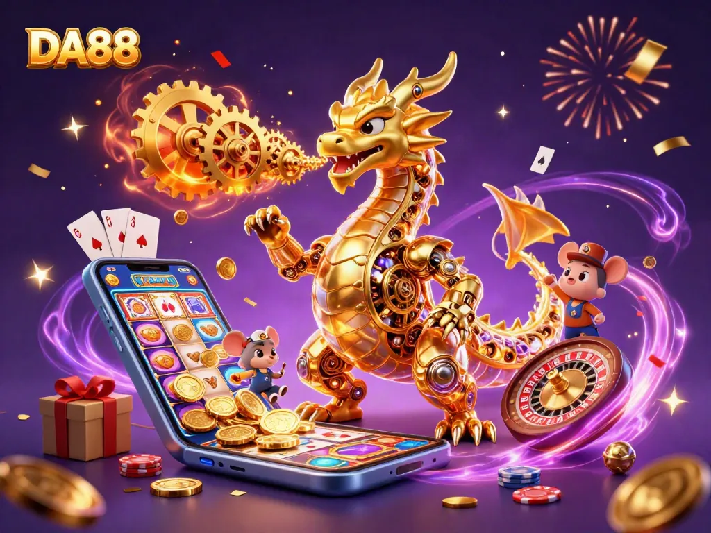 Engage with DA88 casino thrills featuring animated golden dragon, slot games, and vibrant celebration.