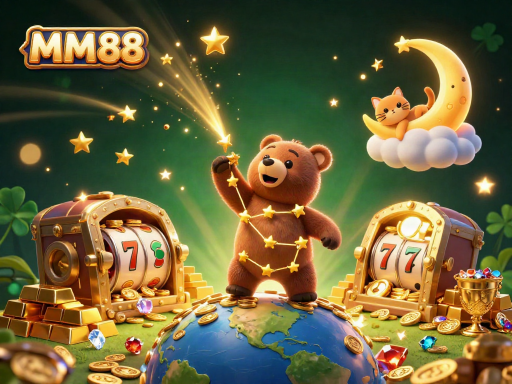Engaging illustration of MM 88, showcasing a constellation bear collecting coins amidst slot machines and a treasure vault.