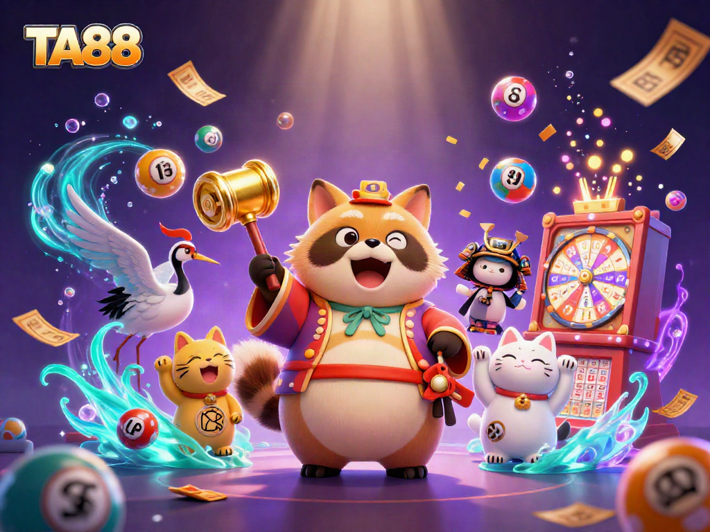 Celebrate at TA88 with a joyful tanuki and colorful lottery elements in a vibrant scene.