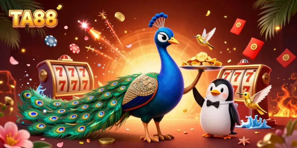 Experience excitement with TA88 casino riches, featuring a vibrant peacock, penguin butler, and golden hummingbird.