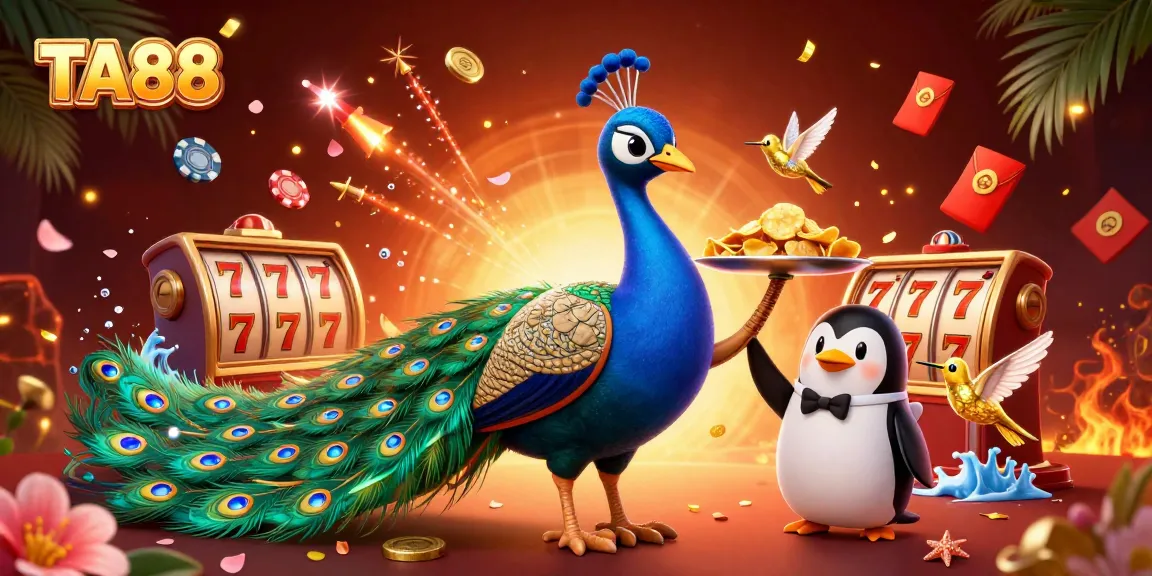 Experience excitement with TA88 casino riches, featuring a vibrant peacock, penguin butler, and golden hummingbird.
