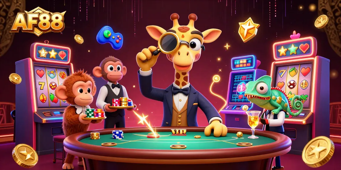 Experience thrilling gaming action with AF88's vibrant casino illustration featuring exciting slot machines and dynamic characters.