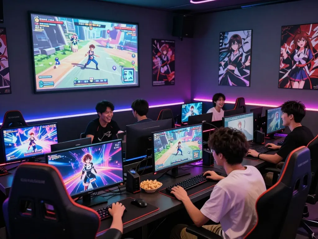 Exciting scene of young adults playing game porn in modern gaming lounge.