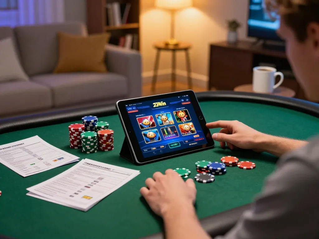 Person enjoying interactive games on the 23Win app in a cozy home setting with friendly atmosphere.