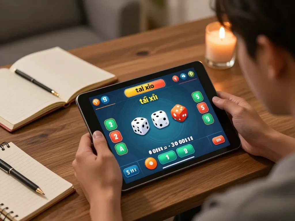 Tài xỉu gameplay on tablet showcasing betting strategies in a cozy home during evening.