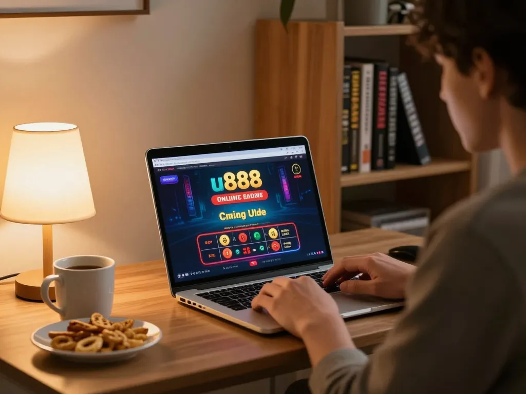 Engaging with u888 online casino on a laptop in a cozy home setting with snacks and strategy notes.