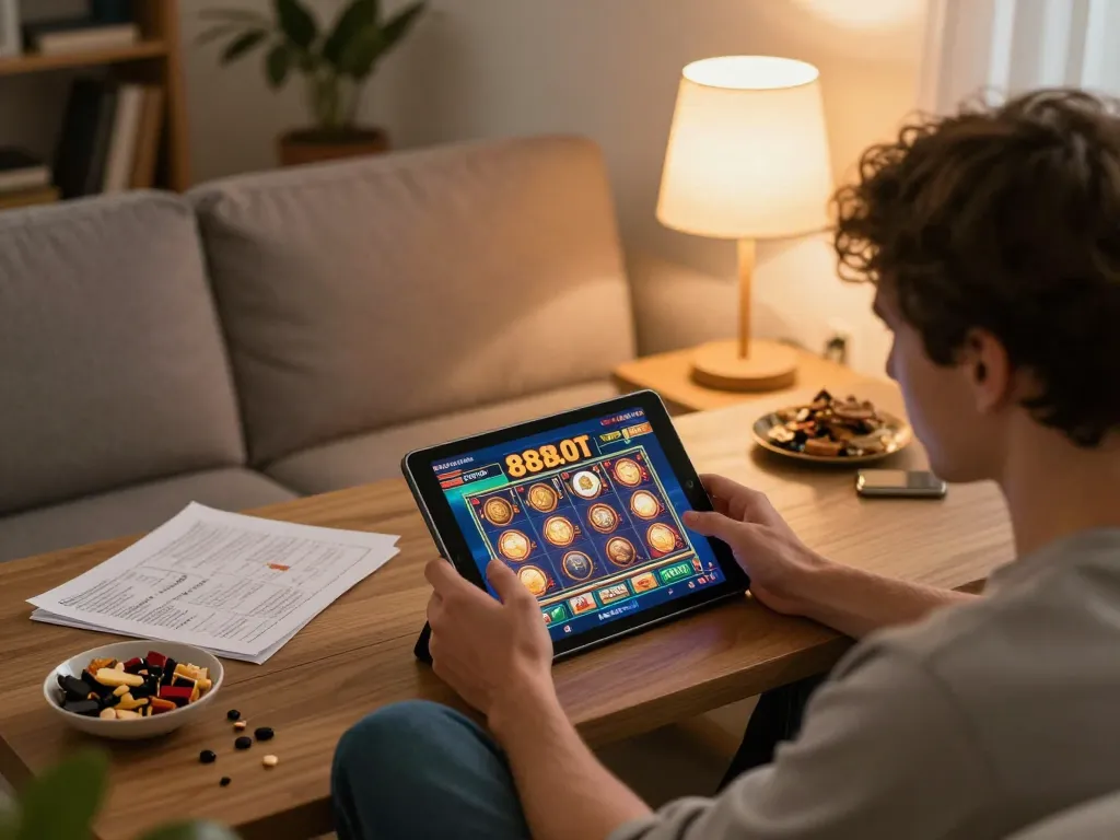 Engaged player enjoying a vibrant 888slot gaming experience on a tablet in a cozy living room.