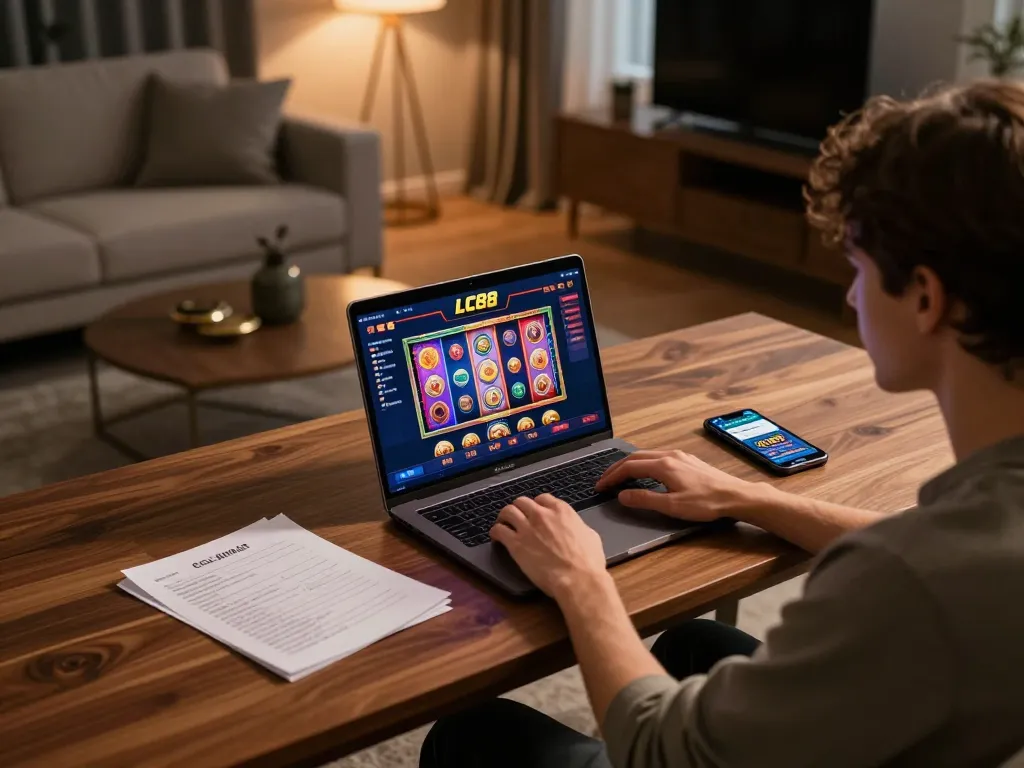 Engaging with exciting slot games on LC88's online platform from a cozy home setup.
