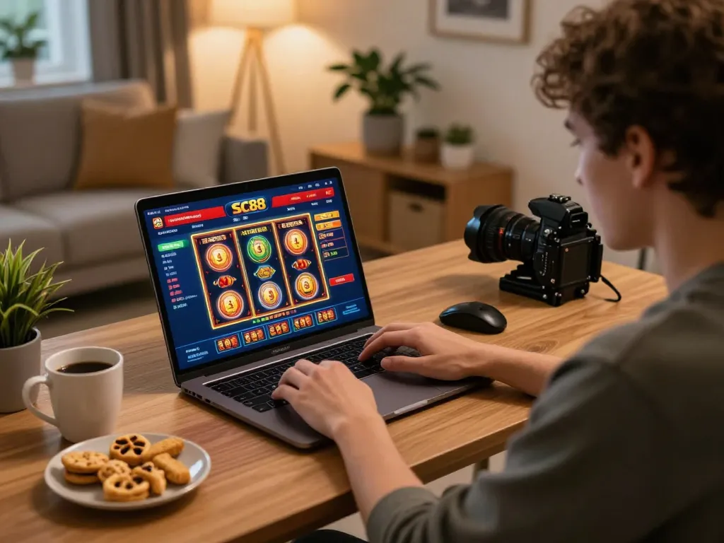 Player enjoying SC88 online slots from a comfortable home desk with cozy atmosphere.
