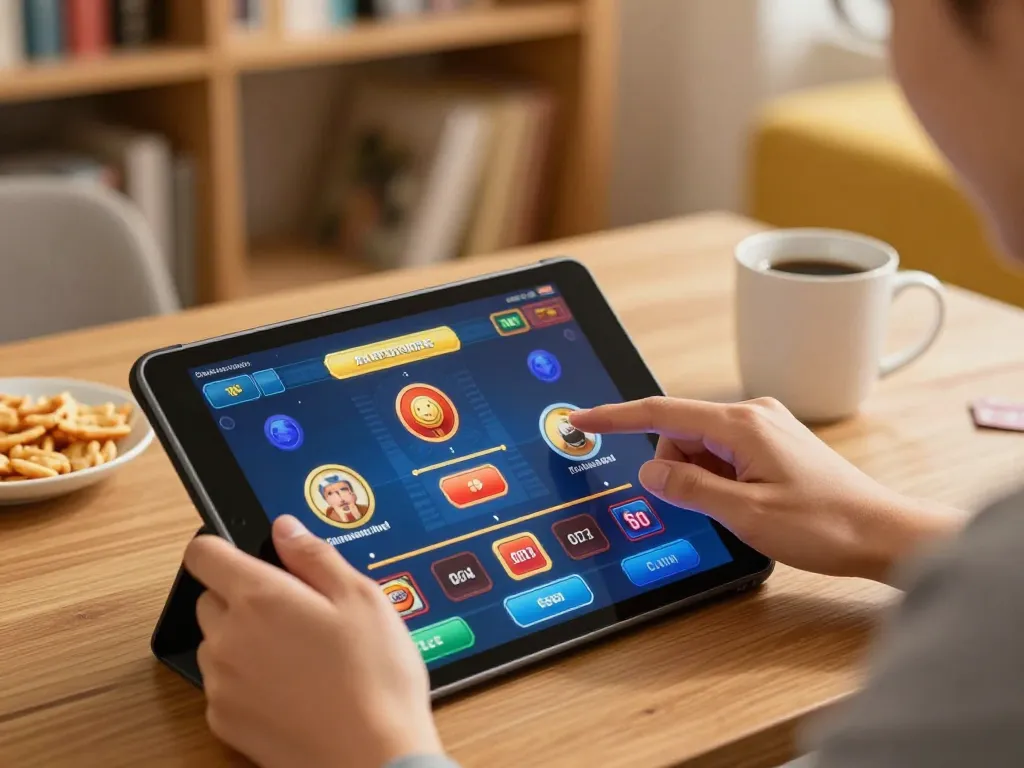 Person enjoying LC88 online gambling on a tablet with casino games displayed.