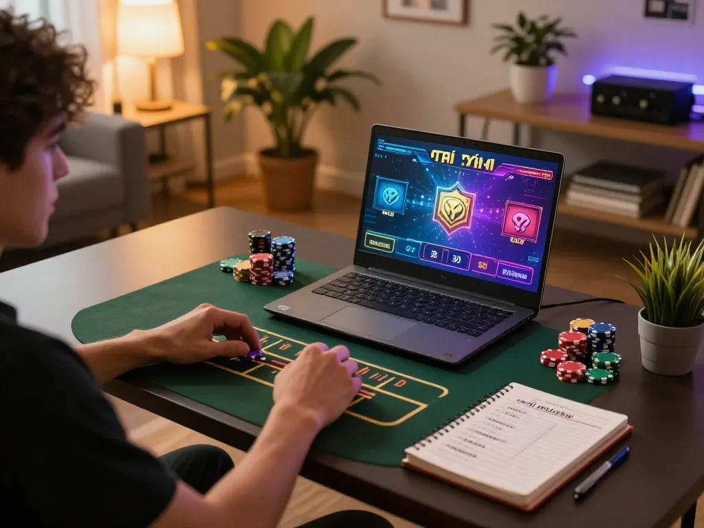 Tài xỉu player engaging in an online game with strategic notes, showcasing at-home gambling atmosphere.