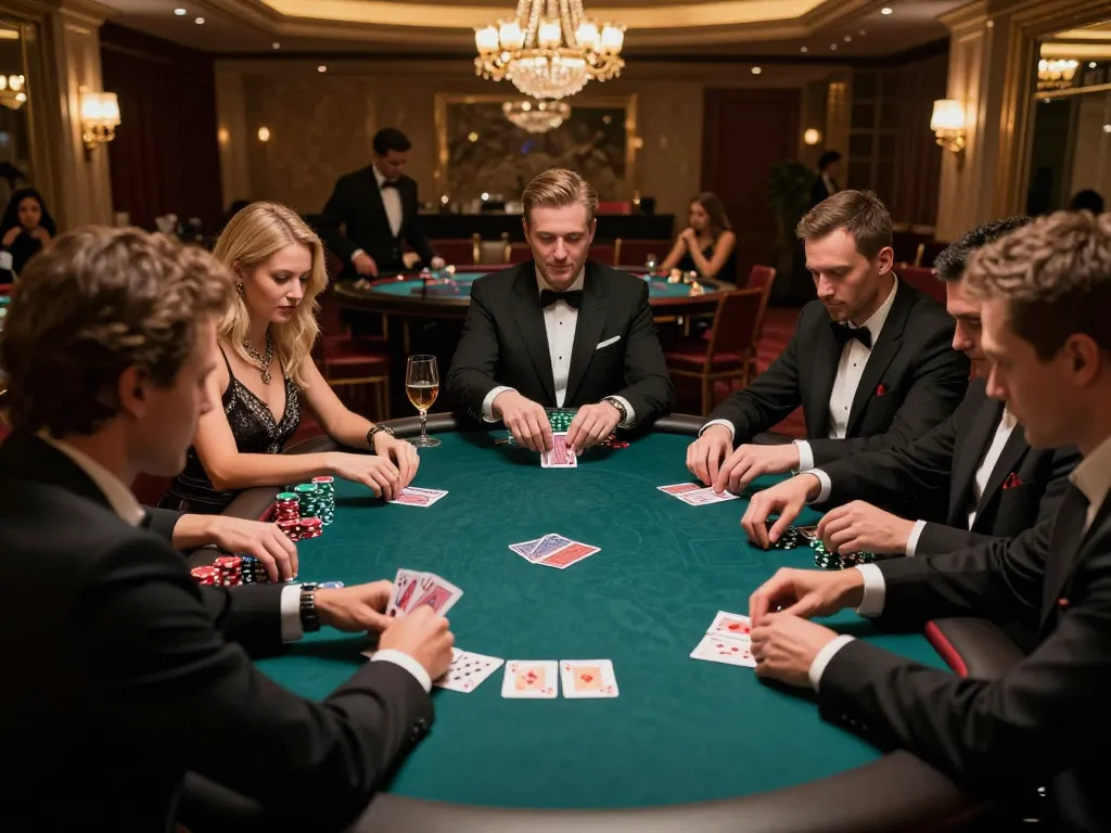 vaobet players engage in intense poker strategy at a luxurious casino table