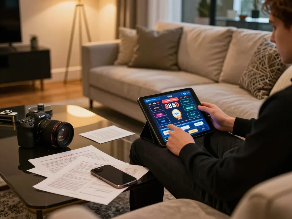 Engaging with the 888b mobile casino app on a tablet, highlighting strategy notes and a cozy environment