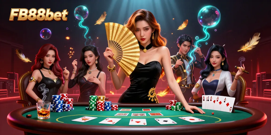 Engage in thrilling poker action with FB88bet, featuring colorful chips and vibrant gameplay.
