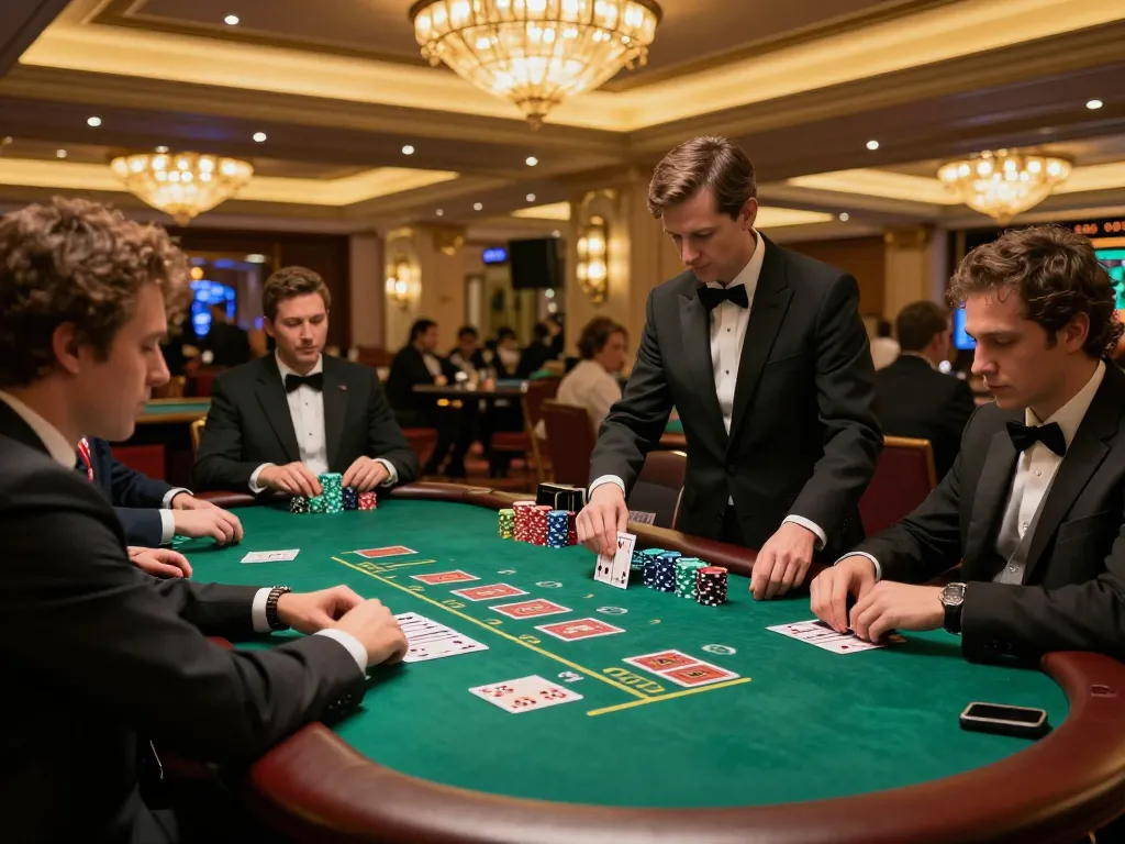 Players strategizing at a blackjack table in an upscale casino, portraying the excitement of windd gameplay.