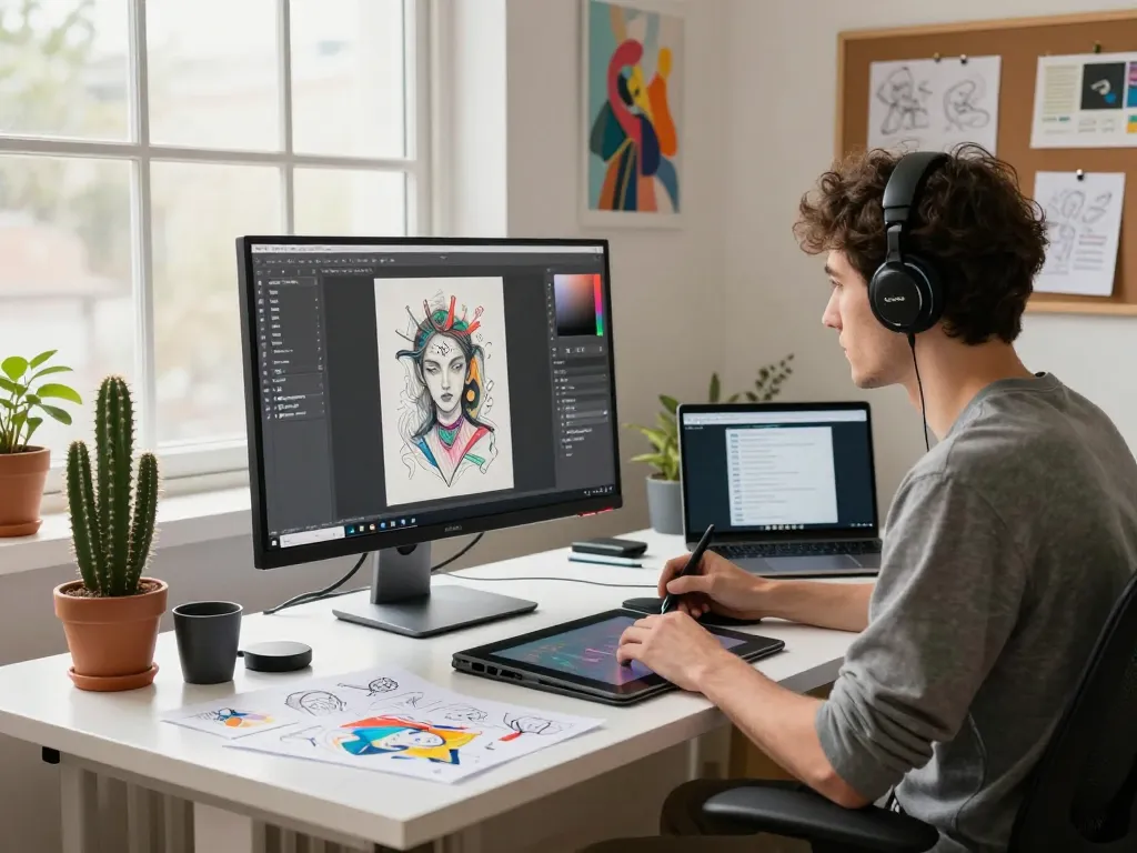 Graphic designer using nano banana flash in a creative studio with AI-generated images on display.