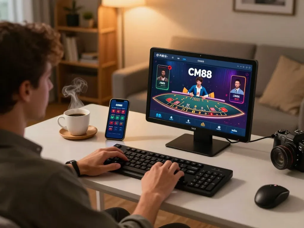 Engaging with the CM88 casino app on a tablet in a cozy gaming setup for strategic online gaming.
