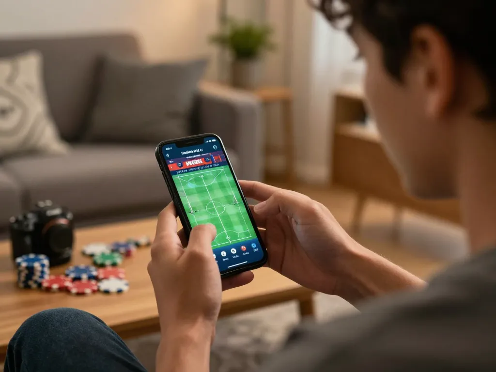 xem bóng đá trực tuyến while confidently placing bets on a smartphone in a cozy living room