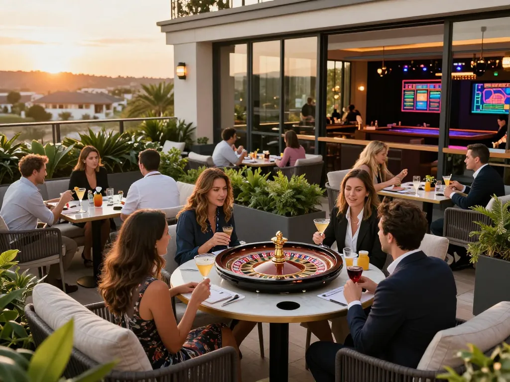 tg88 players enjoying roulette on a luxurious terrace at sunset, vibrant social atmosphere
