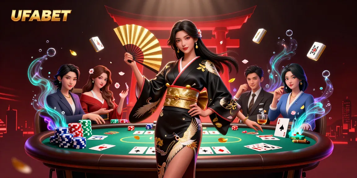 Bet on UFABET with an elegant Asian woman in a casino-themed illustration showcasing poker elements.