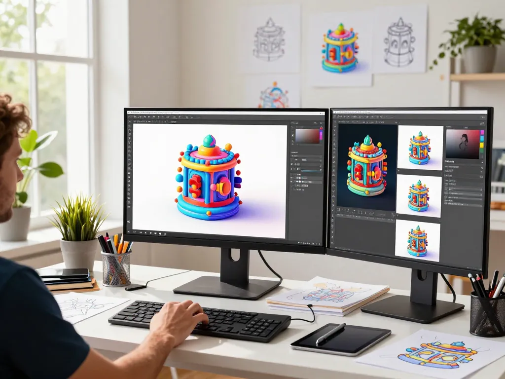 Digital artist using nano banana ai on touchscreen to create stunning images in a bright, modern workspace.