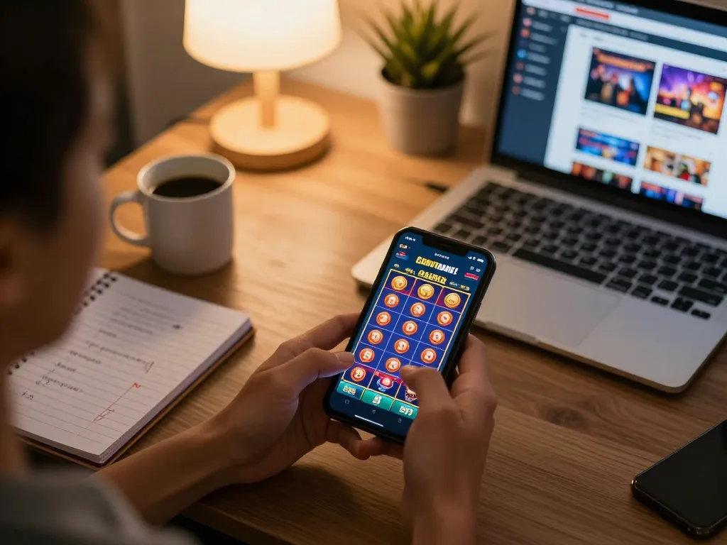 Player enjoying online slots at JUN88 casino app on smartphone in cozy home setting.