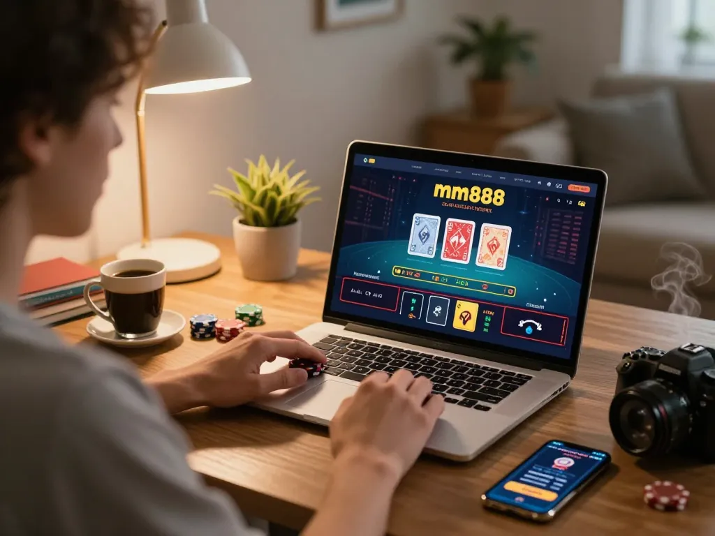 Engaging in mm888 online casino gaming with modern laptop and live dealer interface