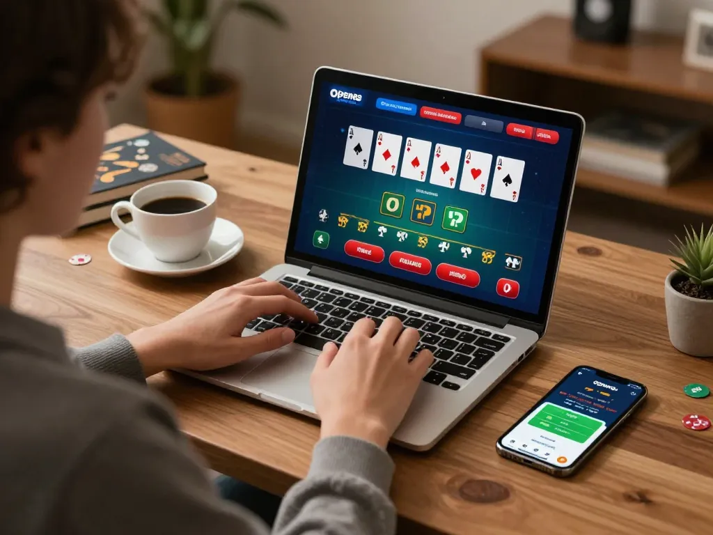 Person enjoying blackjack on open88 in a stylish home office setting, with laptop and smartphone visible.