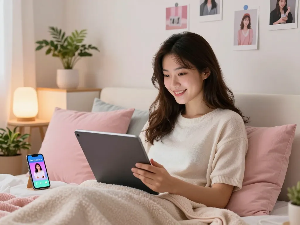 Interactive chat with an AI girlfriend in a cozy bedroom setting, showcasing modern virtual companionship.