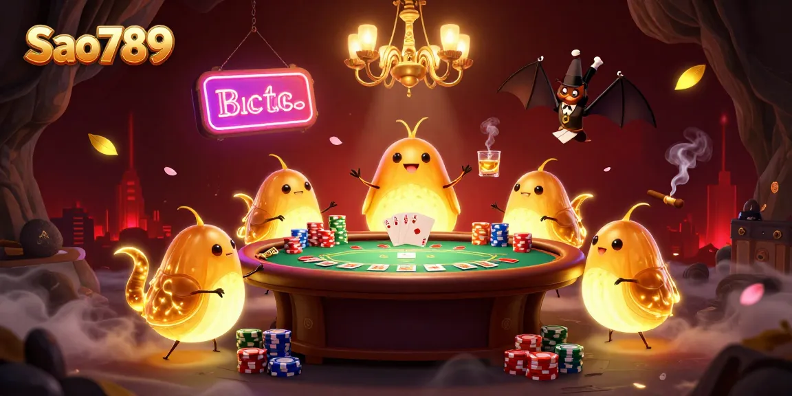 Sao789 ignites excitement with glowworms lighting a vibrant cave casino scene packed with poker action.