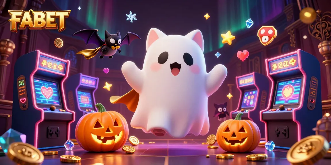 Engage with FABET's vibrant haunted casino scene, featuring a ghost cat and vampire bat.