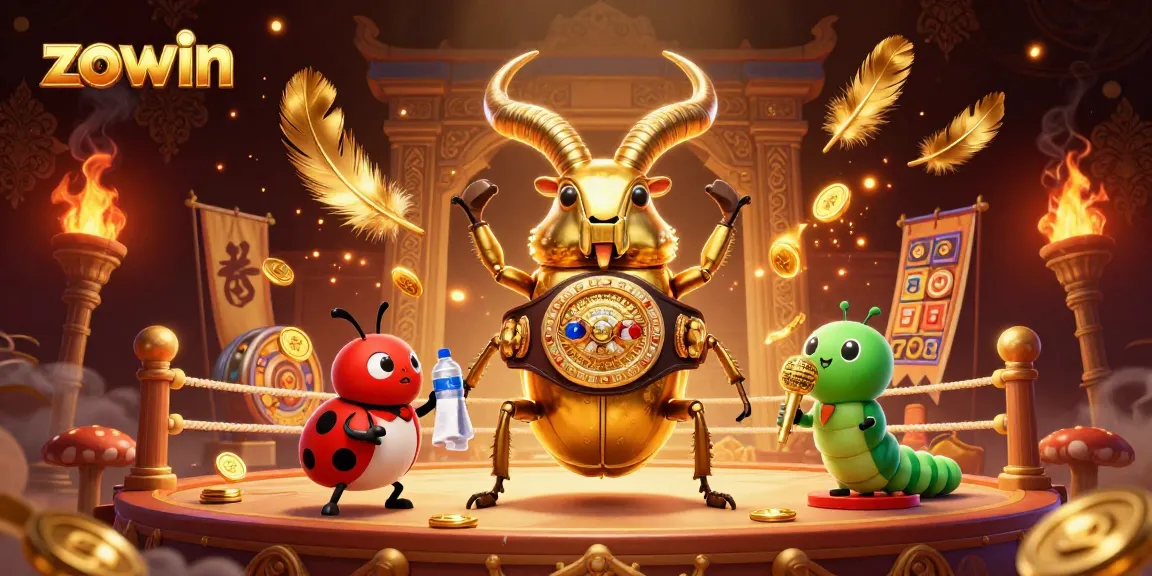 Zowin casino features an epic showdown with a golden stag beetle champion in a vibrant gambling scene.