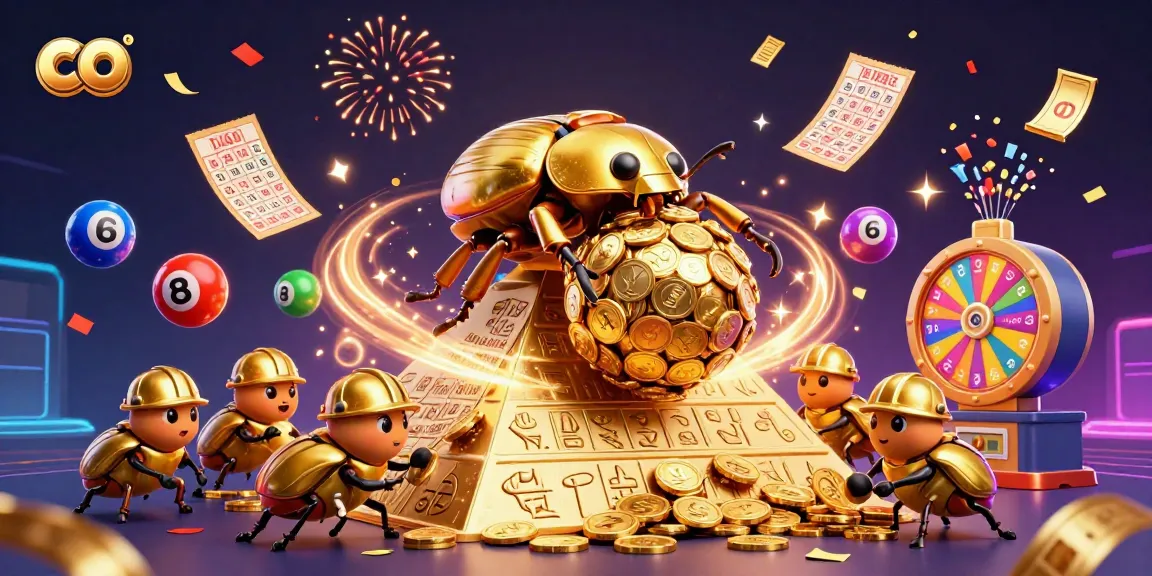 Co highlights a vibrant casino scene with a golden beetle rolling coins amidst festive gaming elements.