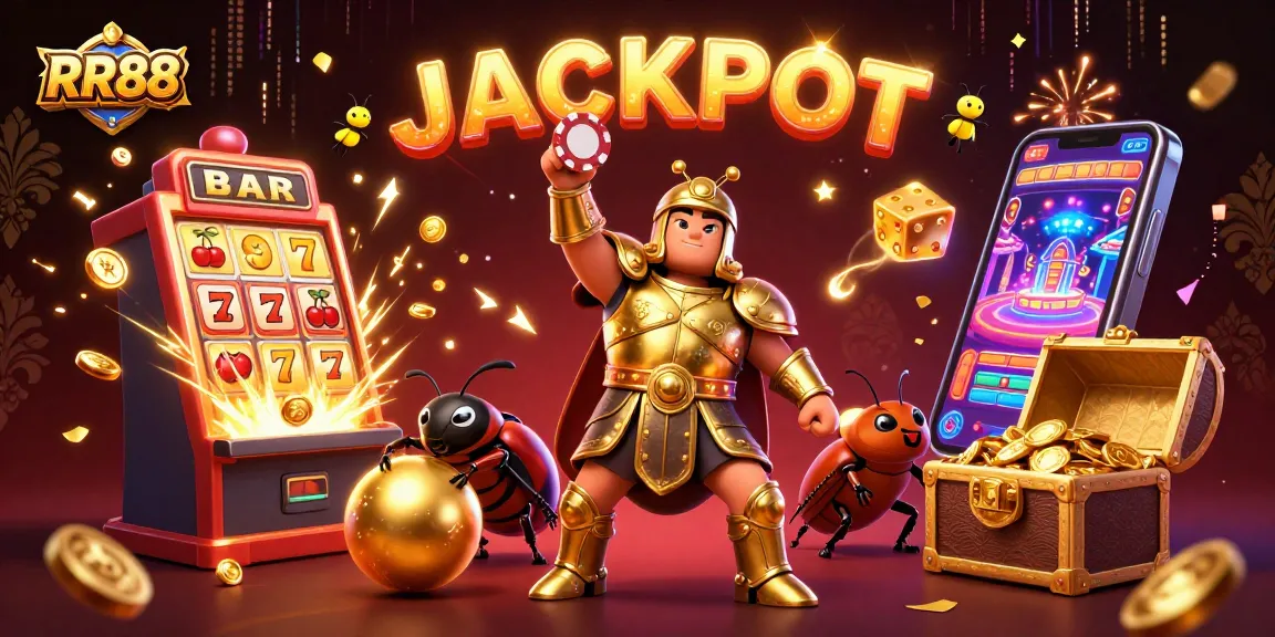 Experience the thrill of RR88 as a hercules beetle celebrates a jackpot victory surrounded by casino excitement.