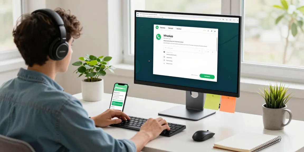 Using WhatsApp電腦版 on a modern desktop setup in a home office with a cozy atmosphere.