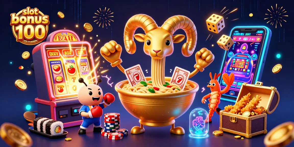 Slot bonus anggota baru 100 dalam desain 3D ilustrasi kasino penuh warna dan detail.