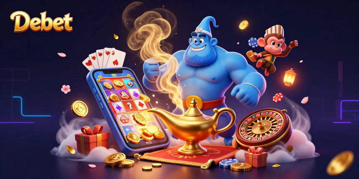 Experience the excitement of Debet with a dynamic scene featuring a blue genie, monkey, and casino elements.