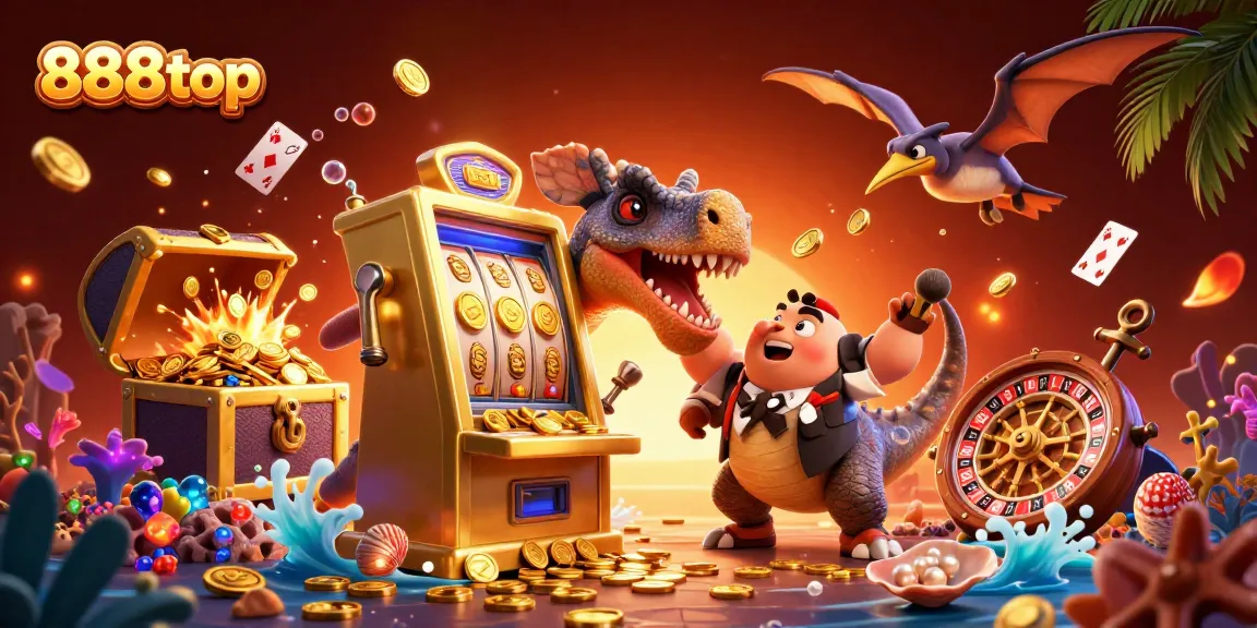 Experience the thrill of 888top as a pachycephalosaurus wins jackpot coins from a slot machine in a vibrant casino scene.