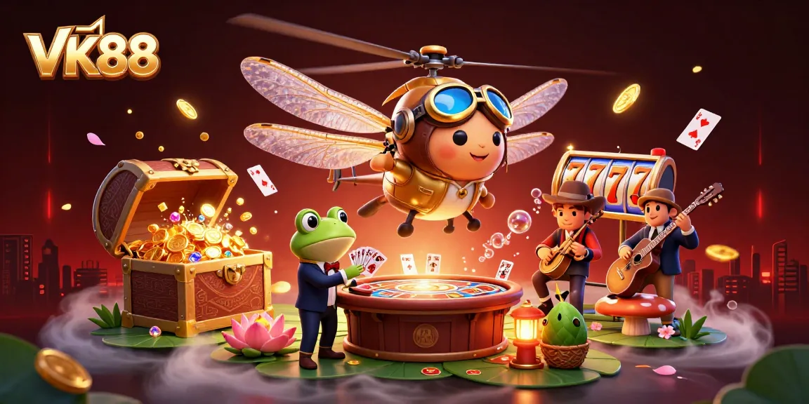 Engage with the thrilling world of VK88 casino as vibrant characters and game elements come alive in a dynamic 3D illustration.