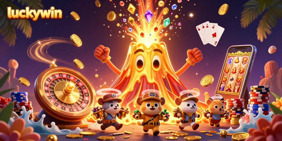 Experience the excitement of luckywin with a golden volcano erupting coins and gems in a vibrant casino scene.