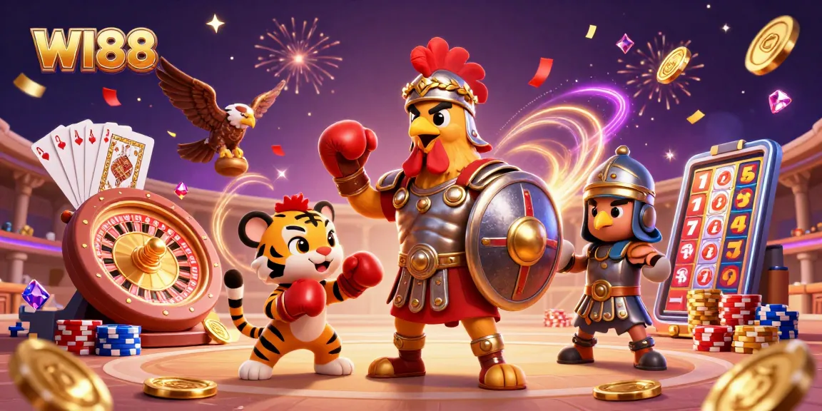 Experience the thrill of WI88 with dynamic casino gameplay featuring a gladiator rooster and more.