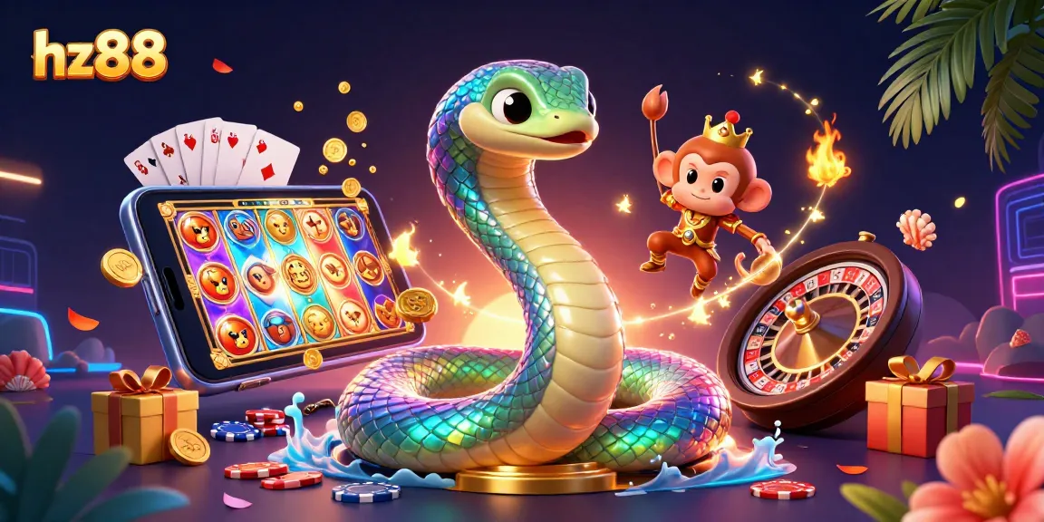 hz88 engages players with vibrant casino games, highlighted by a lively monkey king and shimmering serpent.