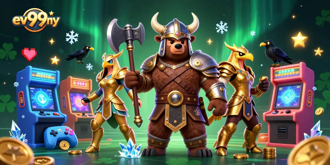 Experience excitement at ev99ny with a playful Viking and Valkyrie surrounded by vibrant casino elements.