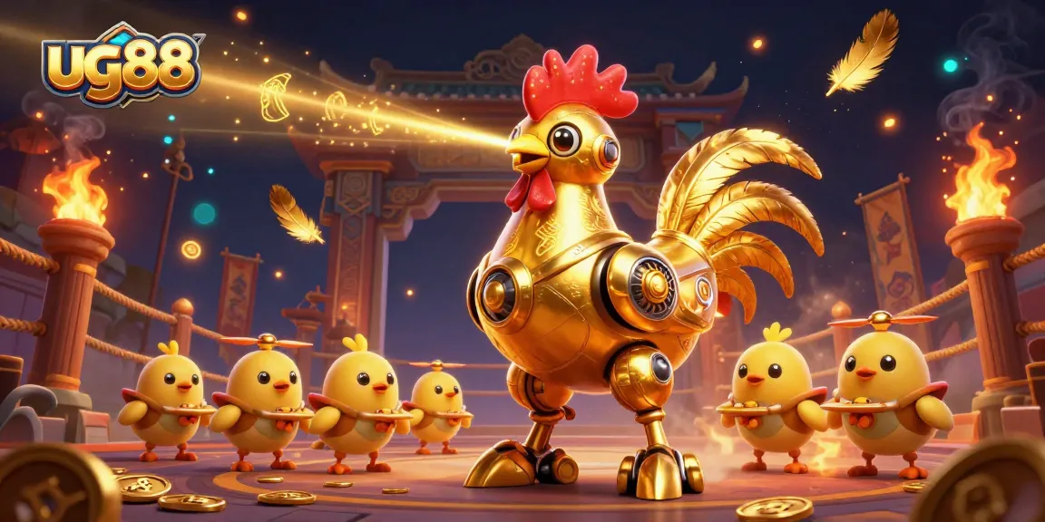 Engage in thrilling bets at UG88, featuring a golden rooster robot amidst dynamic gambling elements and lively action.