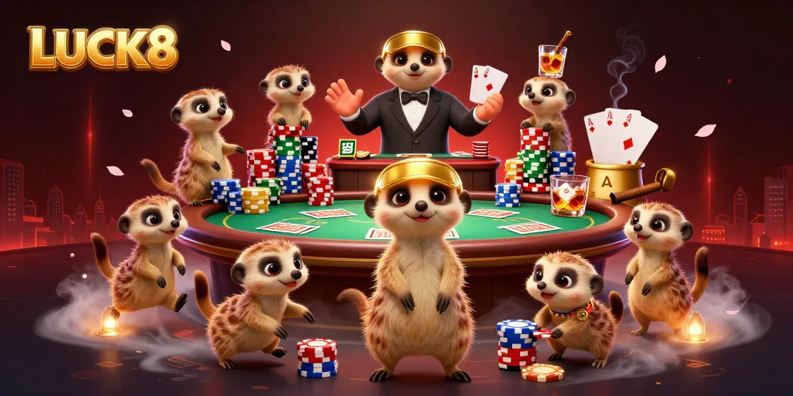 Experience exciting gameplay at LUCK8 with meerkats orchestrating a vibrant casino scene filled with poker action.