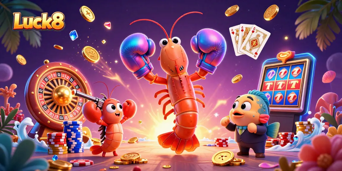 Luck8 showcases a vibrant 3D casino scene with animated characters celebrating big wins and sparkling gems.