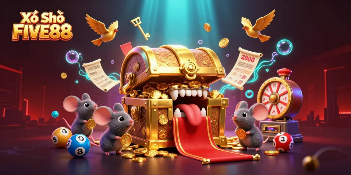 Xổ Số FIVE88 lottery game illustration with treasure chest and dynamic casino elements
