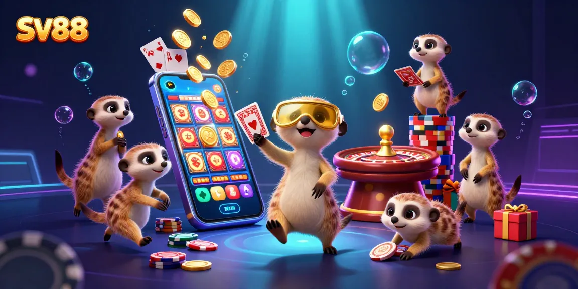Experience thrilling gameplay at SV88 with playful meerkats amidst a vibrant casino setting, showcasing slot reels and dynamic elements.
