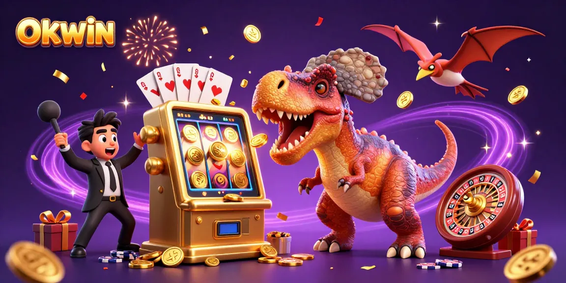OKWIN pachycephalosaurus hits a slot machine, winning coins in an exciting casino scene.