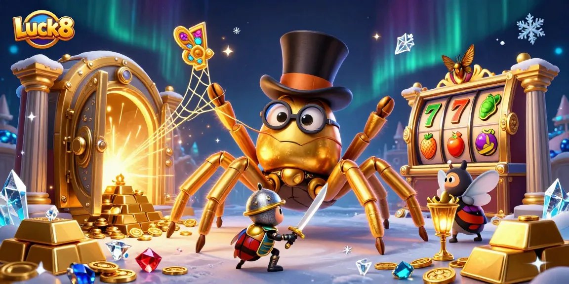 Engage in exciting Luck8 casino adventures with a vibrant scene of characters and treasures.
